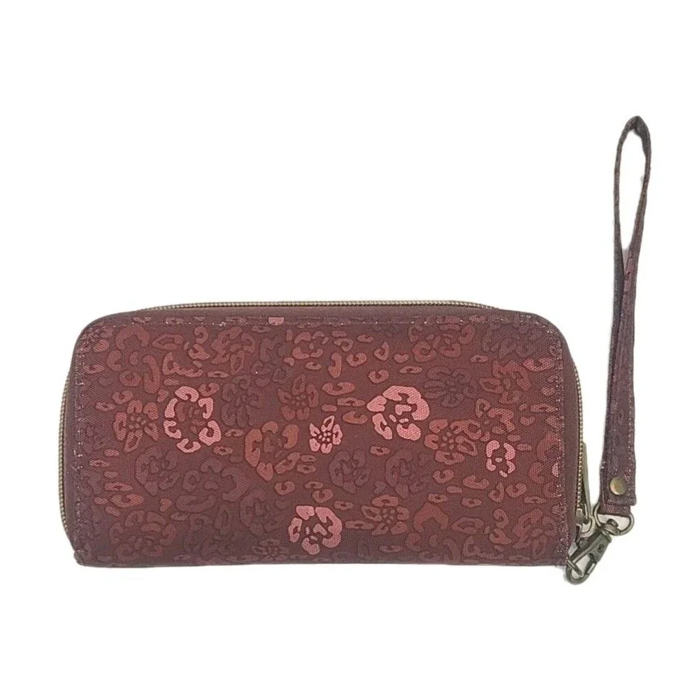 Travelon Wallet Wristlet Burgundy Floral Nylon 7.5